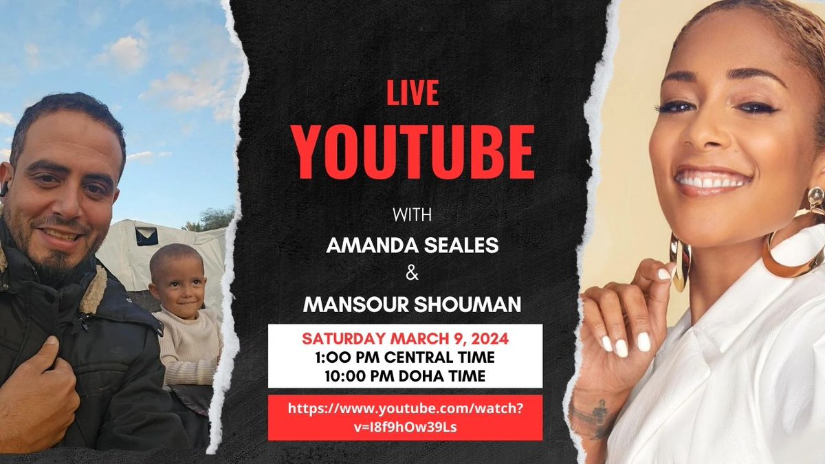 Assalam alaykum, 

Join Amanda Seales on YouTube Live TODAY at 1 pm Central time / 10 pm Doha time.

I am really looking forward to catching up with my friend, Amanda!

Join us here: youtube.com/watch?v=I8f9hO…

#firesidechat #catchingupwithmansour #AmandaSealesTV
