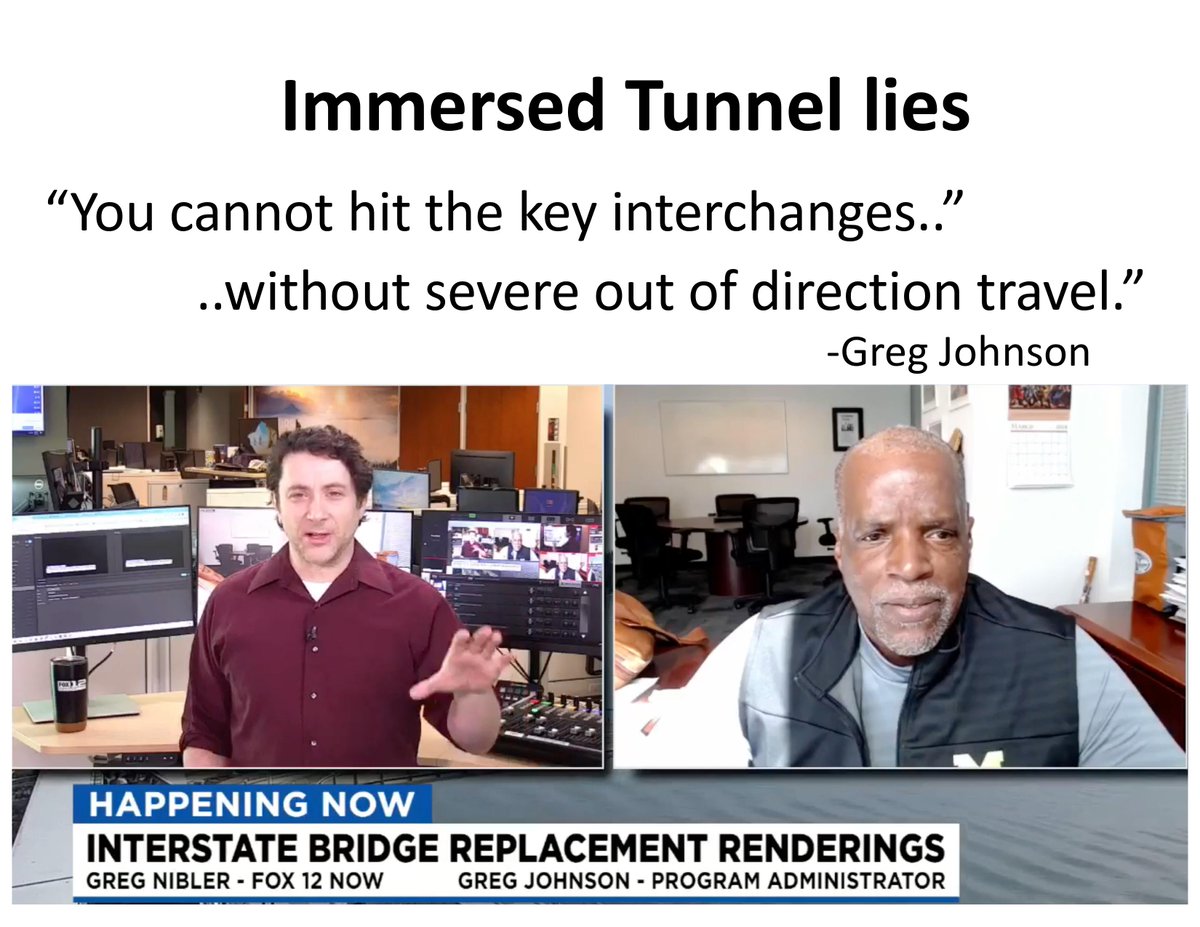 BOrtblad's tweet photo. Doublespeak
Greg Johnson often repeats lies about the feasibility of an Immersed Tunnel. A tunnel can make better interchange connections than IBR’s bridge coming down from 100’ at the riverbanks.

“severe out of direction travel” is doublespeak without supporting engineering https://t.co/ZxEq7FubMI