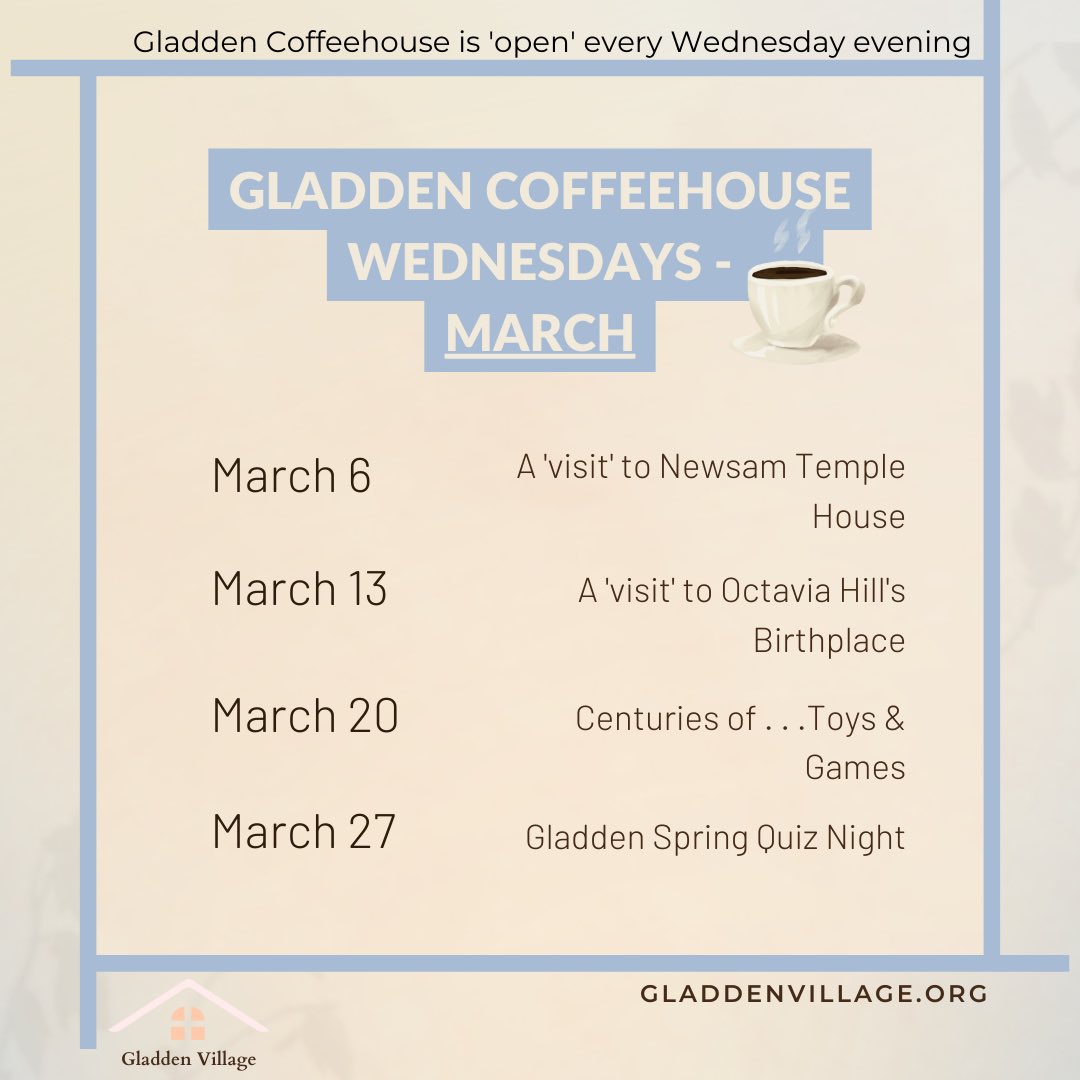 The #GladdenVillagers are looking forward to welcoming the super Lorena Hodgson to the Coffeehouse this Wednesday to share stories of @OctaviaHillBHse If you could benefit from some #digitalcare via online #socialprescribing, join now gladdenvillage.org @SocialPrescrib2