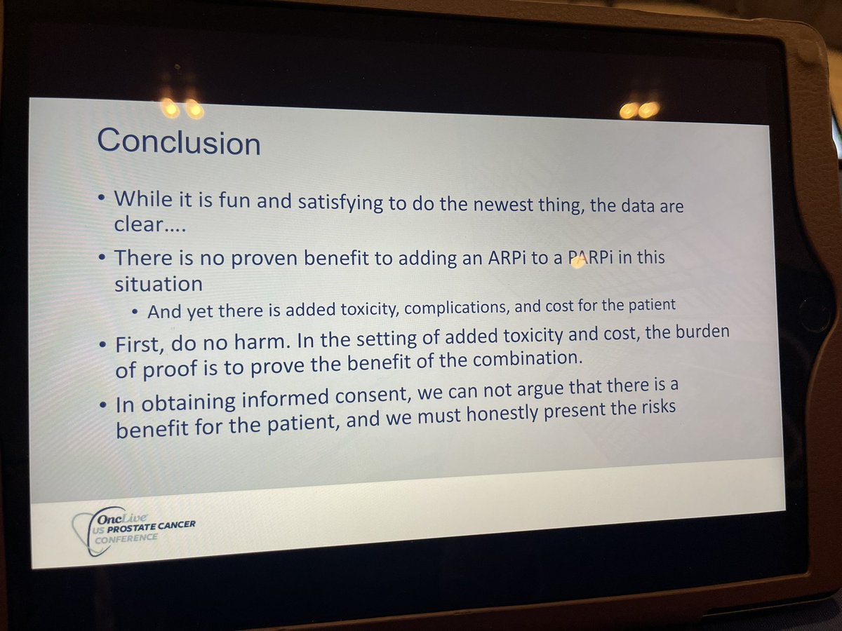 @AarmstrongDuke @EAntonarakis @mishabeltran @AlanBryce9 @PhillipKooMD @sandysrimd @mikecarducci @charlesryanmd @TDorffOnc @Huntsman_GU @PCF_Science @montypal @PGrivasMDPhD @OncLive @DrRanaMcKay @TiansterZhang @shilpaonc @DrSpratticus #USProstateCancerConference @TiansterZhang and @AlanBryce9 argue for or against ARPI+PARPi vs PARPi Mono Rx in metastatic #prostatecancer with HRRm after prior ARPI. Case can be made for both combo or PAPPi alone👇. @OncLive @mishabeltran @urotoday @OncoAlert