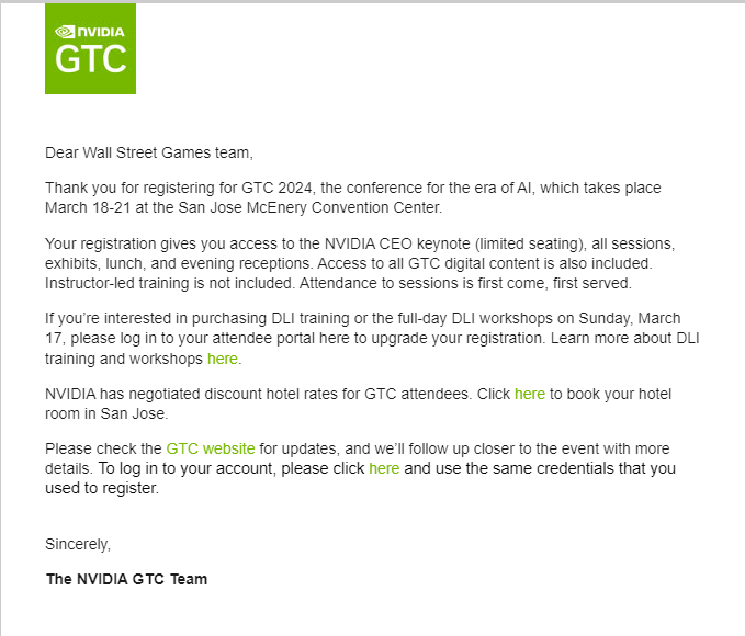 Looks like someone is going to the world's largest AI conference @NVIDIAGTC 2024 👀 $WSG team is joining the esteemed conference to explore & learn from the best in bussiness in order to bring immersive gaming experiences to a new level. Host: @nvidia When & where: San Jose,…