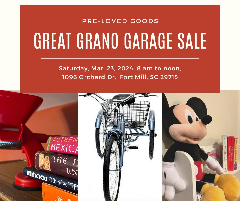Get ready for the Great Grano Garage Sale in Fort Mill, Saturday, Mar. 23, from 8 am to noon. We have unique pre-loved goods at great prices, including fun kitchen gadgets, kids' stuff, special needs goodies and random awesomeness. #garagesale fb.me/e/1dTY2HWcQ
