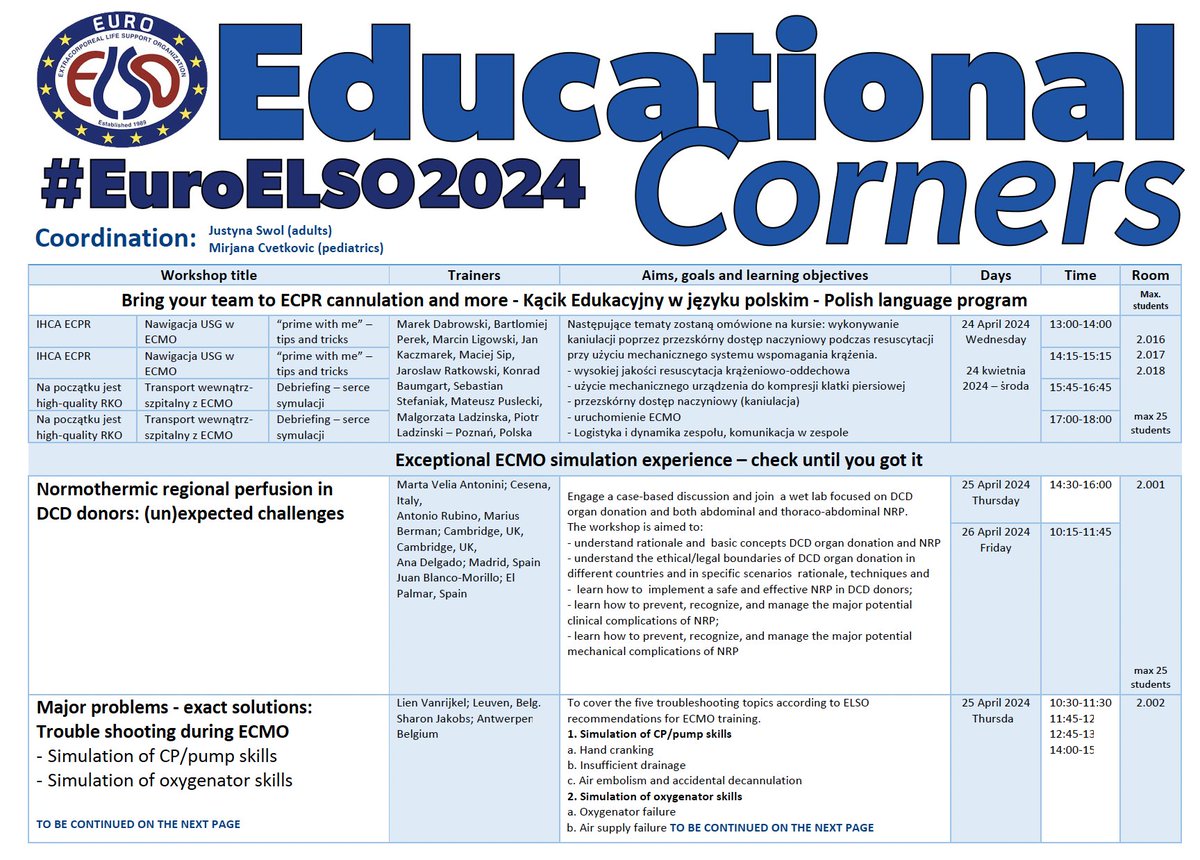 FOAMecmo's tweet photo. Normothermic regional perfusion in DCD donors, (un)expected challenges: first @EuroELSO #NRP focused #educationalcorner. Engage a case-based discussion & wet lab with NRP WG experts to learn: 
🔍📚 basic concepts + ethical/legal boundaries of DCD organ donation & NRP in different countries
🩸how to implement a safe & effective TA/A-NRP
⚠️ how to prevent, recognize, manage major potential clinical & mechanical complications of NRP
2 sessions on April 25 & 26, limited seats available
Join us (& other #EuroELSO2024 educational corners)