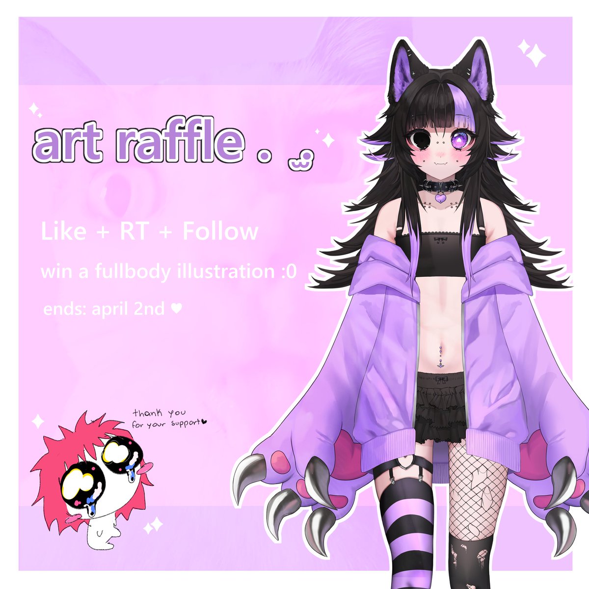 Quick Art raffle as a thank you for all the recent support!🌈☁️₊˚⊹♡

1 winner will get a fullbody illustration ♡

how to enter: 
❥ Follow
❥ Like + RT

Ends April 2nd (´｡• ◡ •｡`) ♡