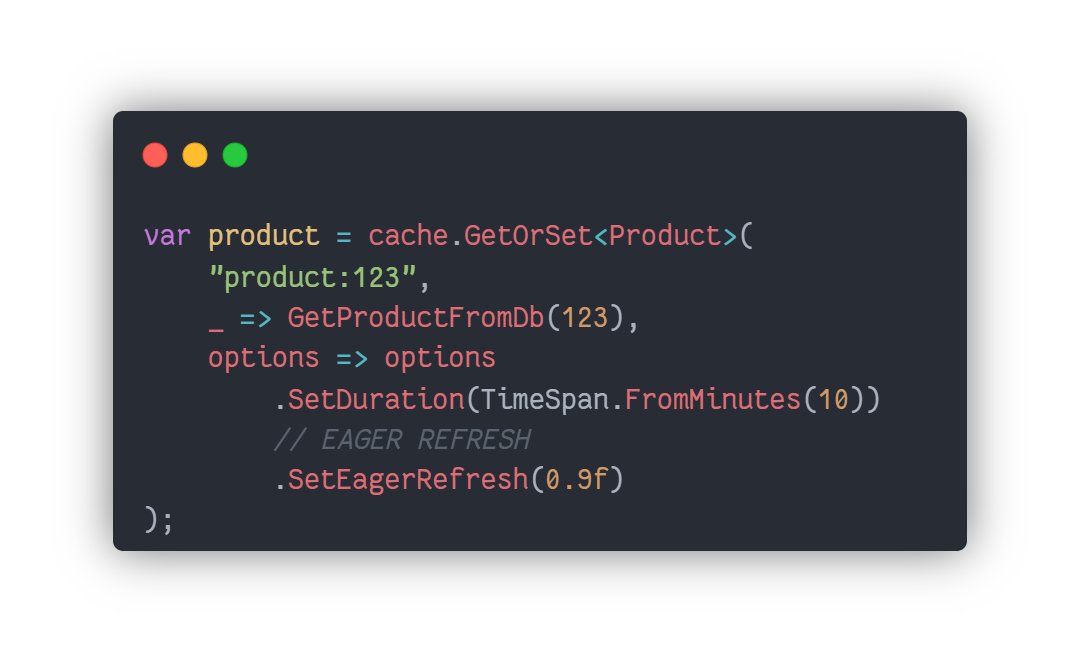 🦅 FusionCache: Eager Refresh

We can enable an early refresh of cached values that are not-yet-expired: simply specify a % of the duration and FusionCache will start a background, non blocking refresh.

Used with timeouts to get the best of both worlds.

github.com/ZiggyCreatures…