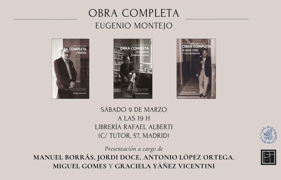 Hoy #live a las 2pm CCS es la presentación de la obra completa de #EugenioMontejo @PreTextosLibros  con #ManuelBorras @ALopez_Ortega @chelayv #miguelgomes @JordiDoce   por las redes de @LibreriaAlberti desde Madrid.
Hito fundamental en la edición de poesía venezolana.