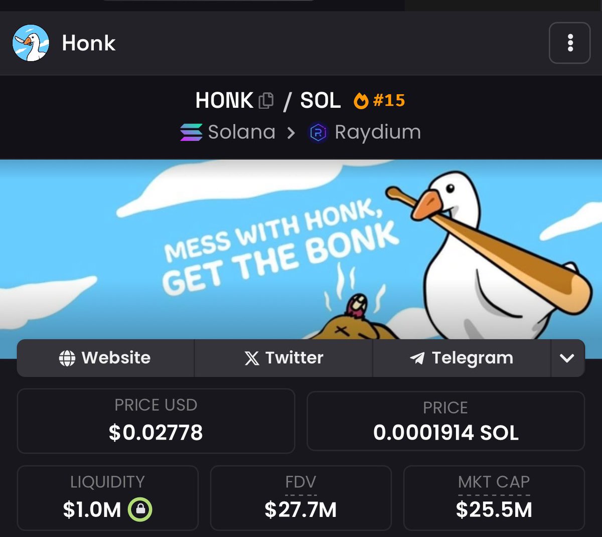 cryptogems555's tweet photo. +125X &amp; +25m mc

$HONK on SOLANA 

Called at under 200k mc

Enjoy the gains https://t.co/pBKdLdUkLj
