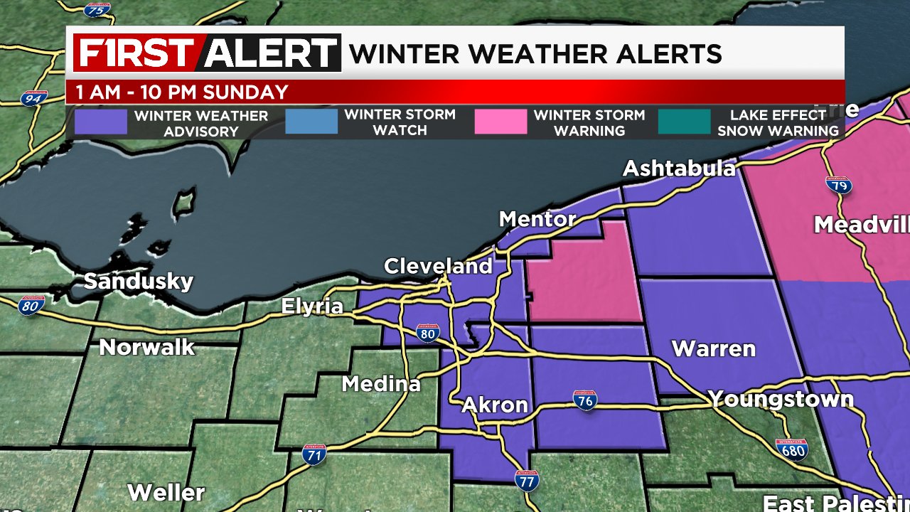 Erika Paige on X: Winter Weather Advisories and a Winter Storm Warning have  been posted for parts of Northeast Ohio tonight into Sunday. With lake  effect snow, it is important to remember