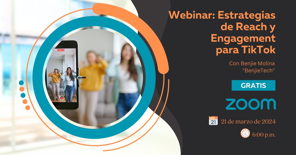 Te invitamos al webinar sobre "Estrategias de Reach y Engagement para TikTok". 

Es gratuito y se llevará a cabo el jueves 21 de marzo de 2024 a las 6:00 p.m. a través de Zoom.   

Regístrate en bit.ly/3Ug95HA.   

#BloggerCon #TikTok #Webinar
