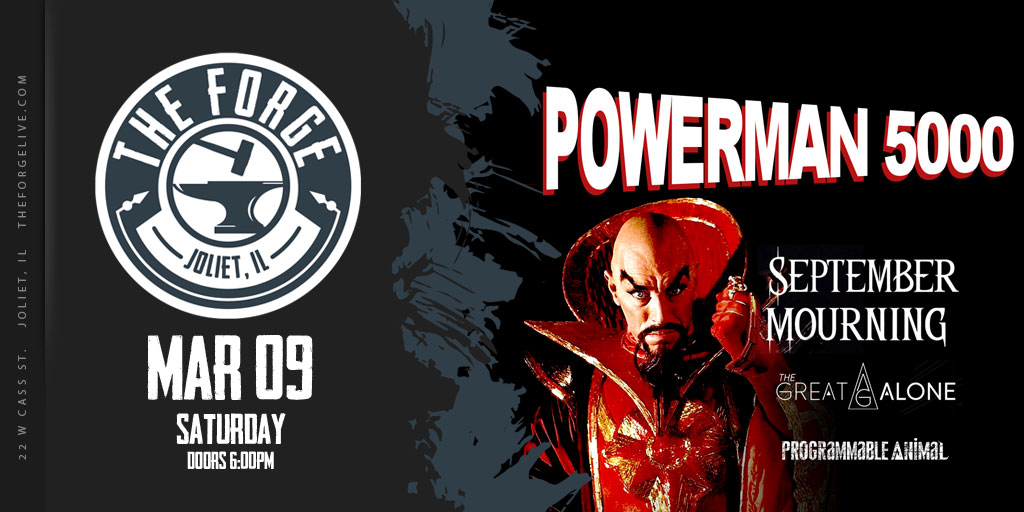 TheForgeLive's tweet photo. Powerman5000, September Mourning, The Great Alone, and Programmable Animal are here tonight to rock your Saturday socks off... you may want to bring a spare pair. 💀
Doors : 6:00pm Show: 7:00pm
Q Rock 100.7 / FM Entertainment #PM5K https://t.co/v07pEjWpxY