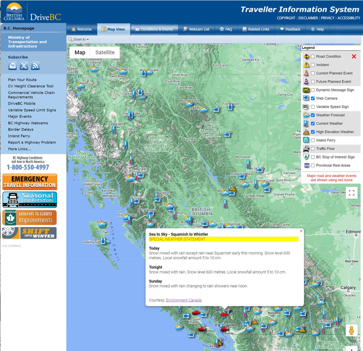 DriveBC's tweet image. Weekend travel plans? Check your #BritishColumbia weather [look for red clouds &amp;amp; mountains]. Heavy winds for #VanIsle. Heavy wet snow for #HoweSound, #BCHwy99, #WhistlerBC, #Pemberton.

🔎Review your road conditions, planned closures for avalanche control, 1,000+ camera views,