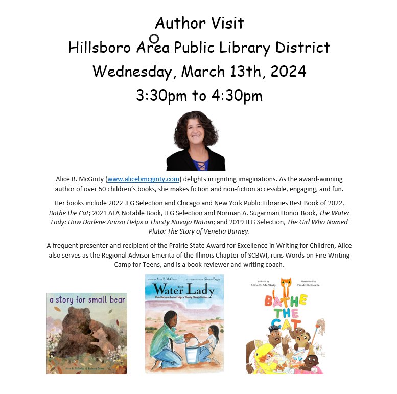 Join me in Hillsboro Illinois for a #library visit this Wednesday! #authorcommunity #kidlit #PictureBooks #bathethecat #literacy