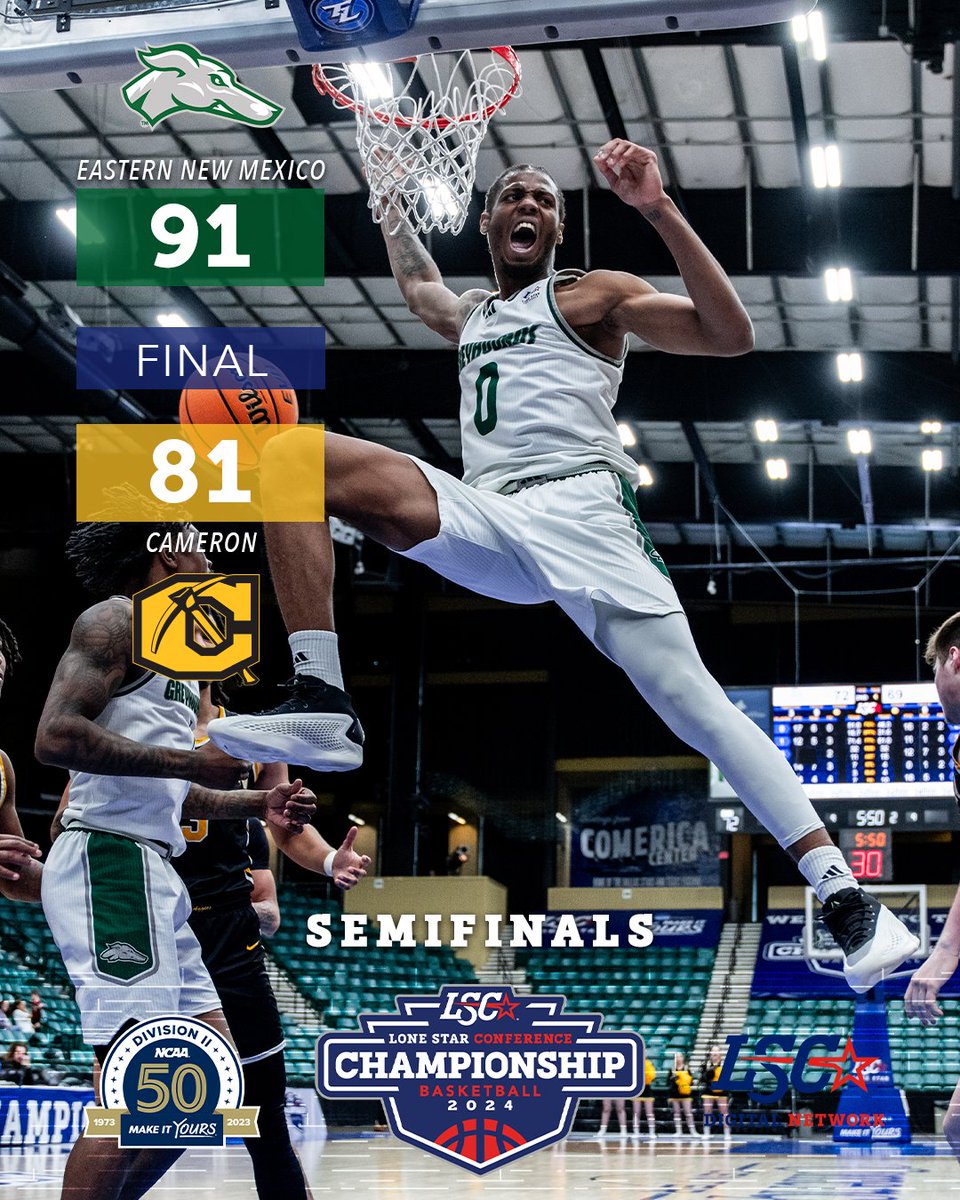 LoneStarConf's tweet photo. 𝙇𝙎𝘾 𝘽𝙖𝙨𝙠𝙚𝙩𝙗𝙖𝙡𝙡 𝘾𝙝𝙖𝙢𝙥𝙞𝙤𝙣𝙨𝙝𝙞𝙥 🏀🏆

The @ENMUAthletics Greyhounds advance to the title game❗️

#LSCmbb | #D2mbb https://t.co/gT3pY4J1pM