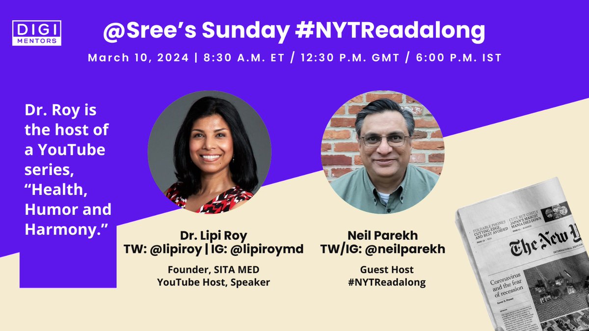 DO NOT OVERSLEEP! But in case you do, you can watch this week's #NYTReadalong later. Find links at digimentors.group/post/nytreadal…
But, believe me, you want to hear Dr @LipiRoy speak with guest host @NeilParekh. She's smart, insightful, and full of sparkle.