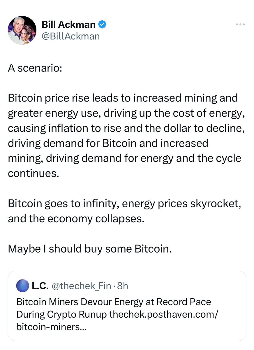 A scenario:

Bitcoin price rise leads to increased mining and greater development of yet untapped energy resources, driving down the cost of energy, causing greater human flourishing despite rampant government money printing, which drives further demand for Bitcoin and the cycle