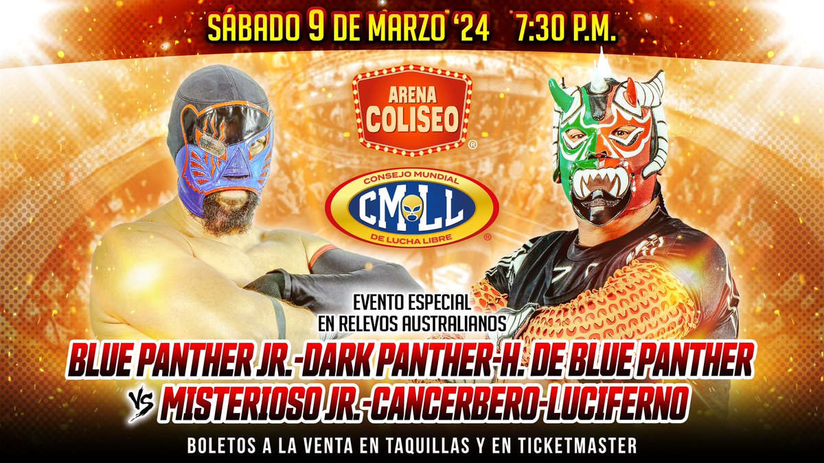 Los herederos del Maestro Lagunero vuelven al Embudo de Perú 77 para enfrentar a la peligrosa unión de Misterioso Jr. y Los Cancerberos del Infierno. 📍Arena Coliseo 🕢 7:30 p.m. 🎟️ taquillas y: ticketmaster.com.mx/artist/1156538 #SábadoDeColiseo Cartelera: cmll.com/cartelera/