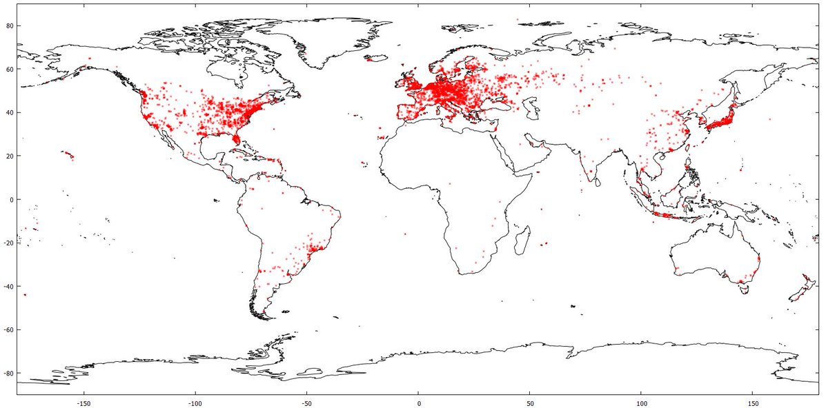 f6fvy's tweet image. Another global view #gnuplot The isolated point in Arctic sea is real. It&apos;s RD1A/MM.