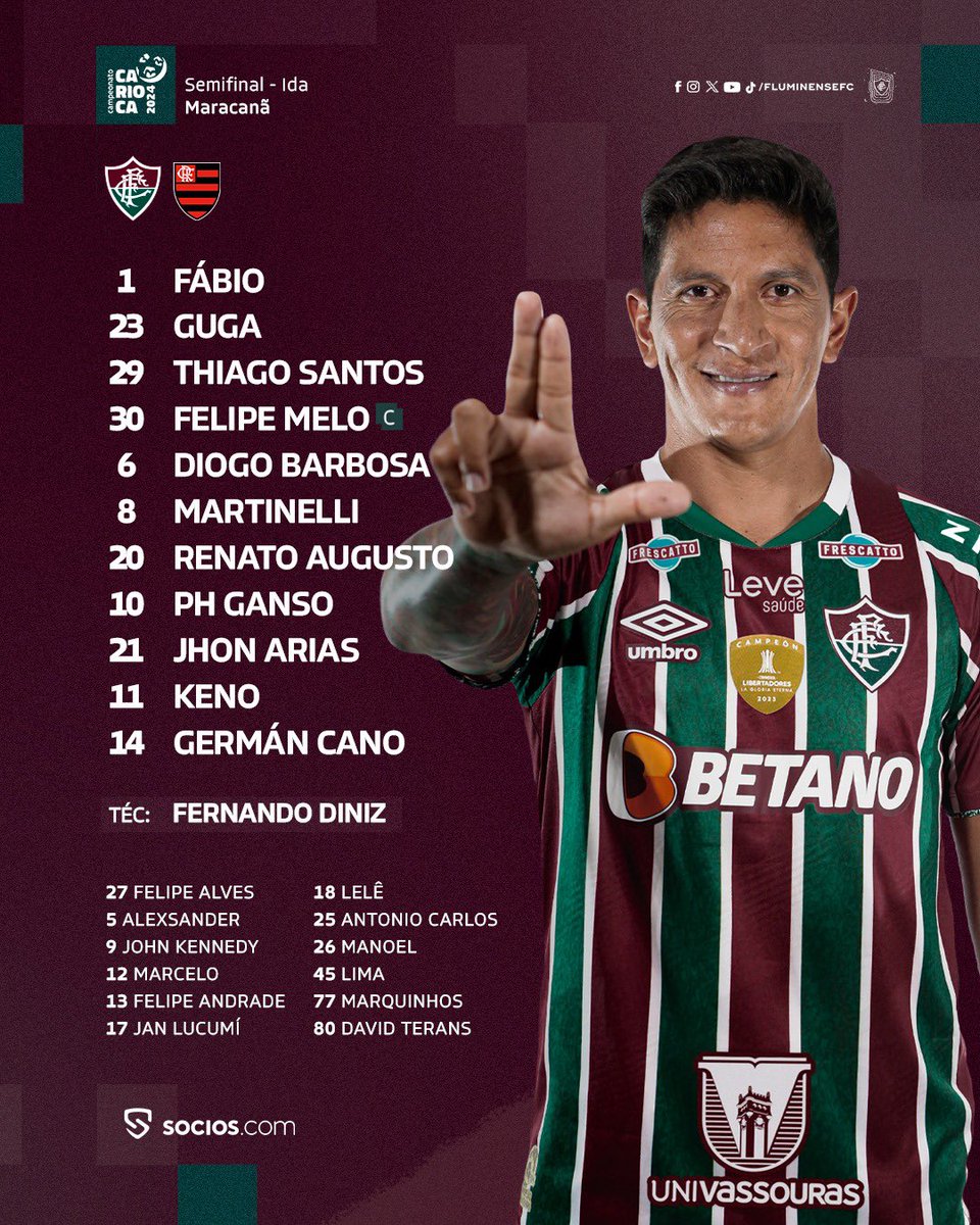 FluminenseFC's tweet photo. O #TimeDeGuerreiros está escalado para a partida contra o Flamengo pela vaga na final! VAMOS, FLUZÃO! https://t.co/zhwOU8gsCX