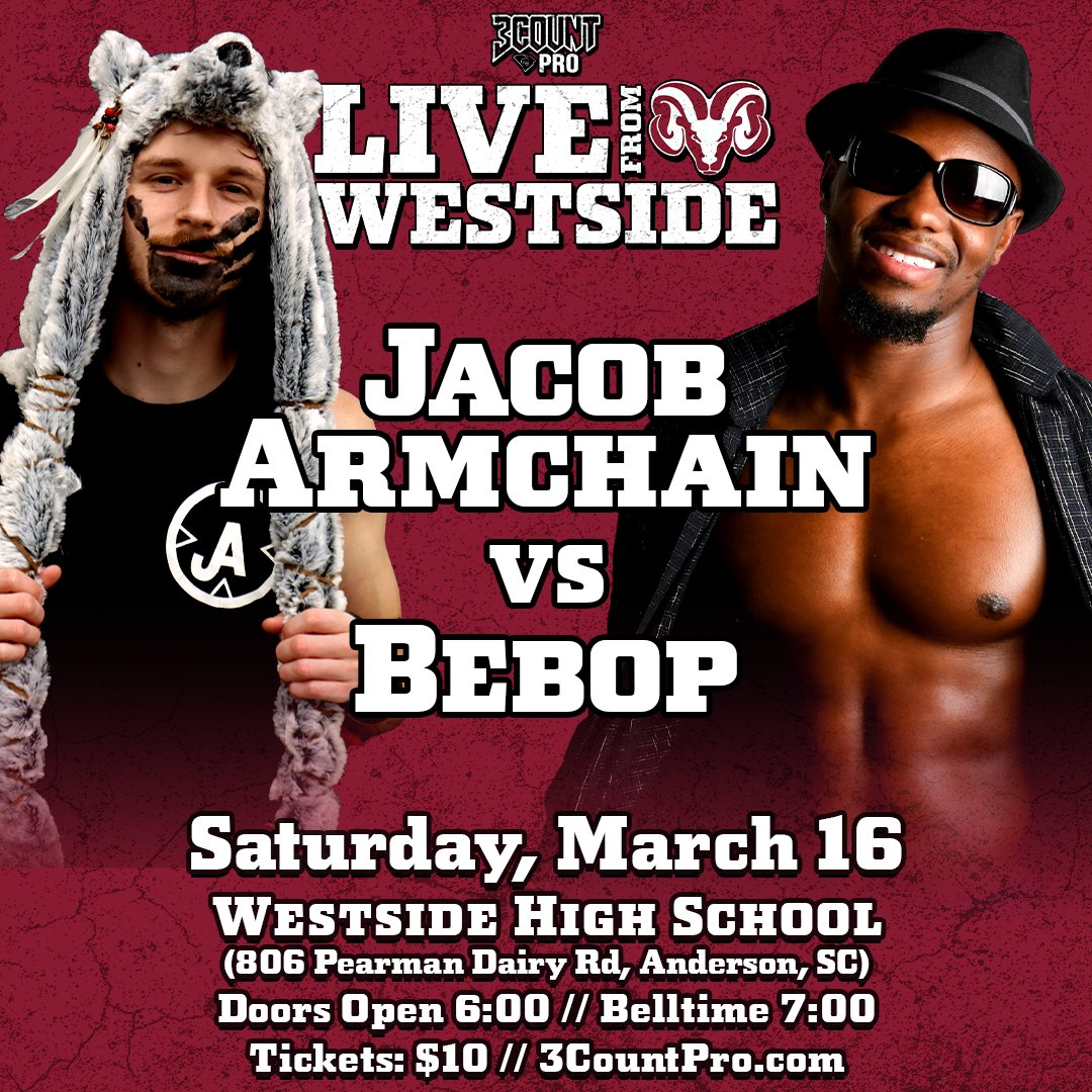 3CountPro's tweet image. 🚨 MATCH ANNOUNCEMENT 🚨

In what will be an undoubtedly athletic bout, Jacob Armachain will be facing Bebop a week from today, live at Westside High School! Who do you see walking out the winner?

🎫 Get your tickets at 3countpro.com/store!