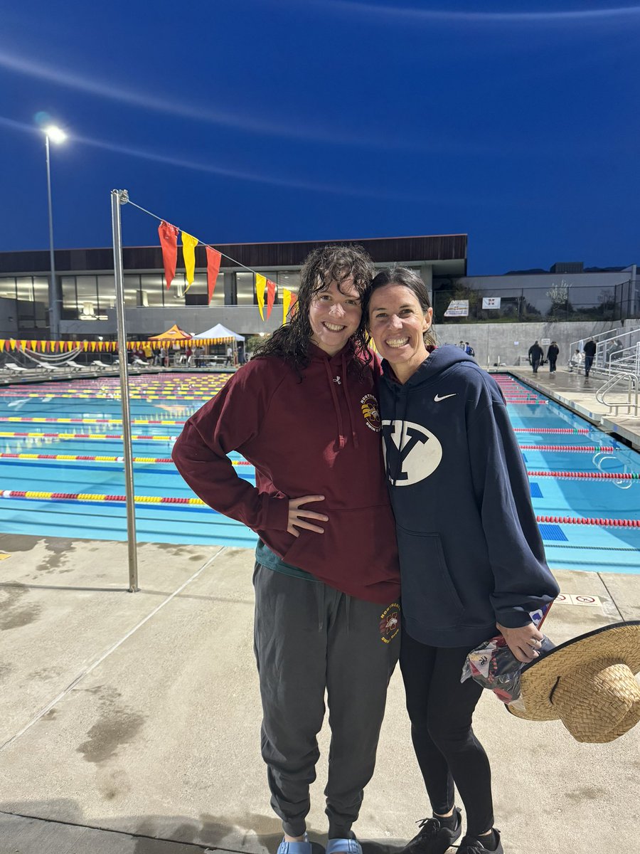 Record breakers! Tilly Chan (not pictured) beats the pool record for the 50m fly, and Lily Struempf beats the pool and school records for the 100m fly, beating one previously held by coach Heidi! #goBroncos @NorthgateHS