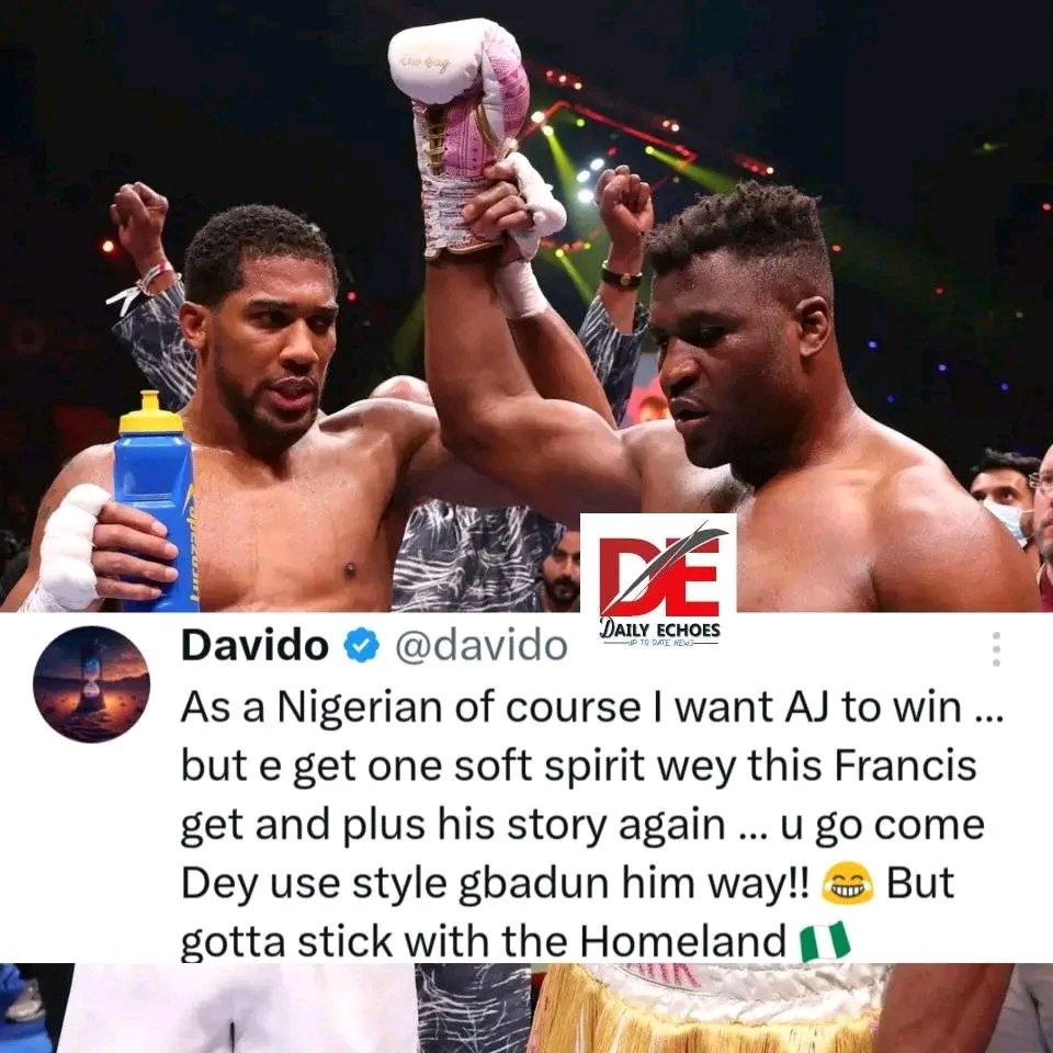 dailyechoes237's tweet photo. Entertainment Ripples

Nigerian singer and songwriter, Davido, known for his philanthropic efforts, would have likely chosen N'Gannou for his inspiring journey from homelessness to a UFC champion but, ultimately decided to support fellow Nigerian Anthony Joshua. 

#DailyEchoes https://t.co/I7TlmBnF1o
