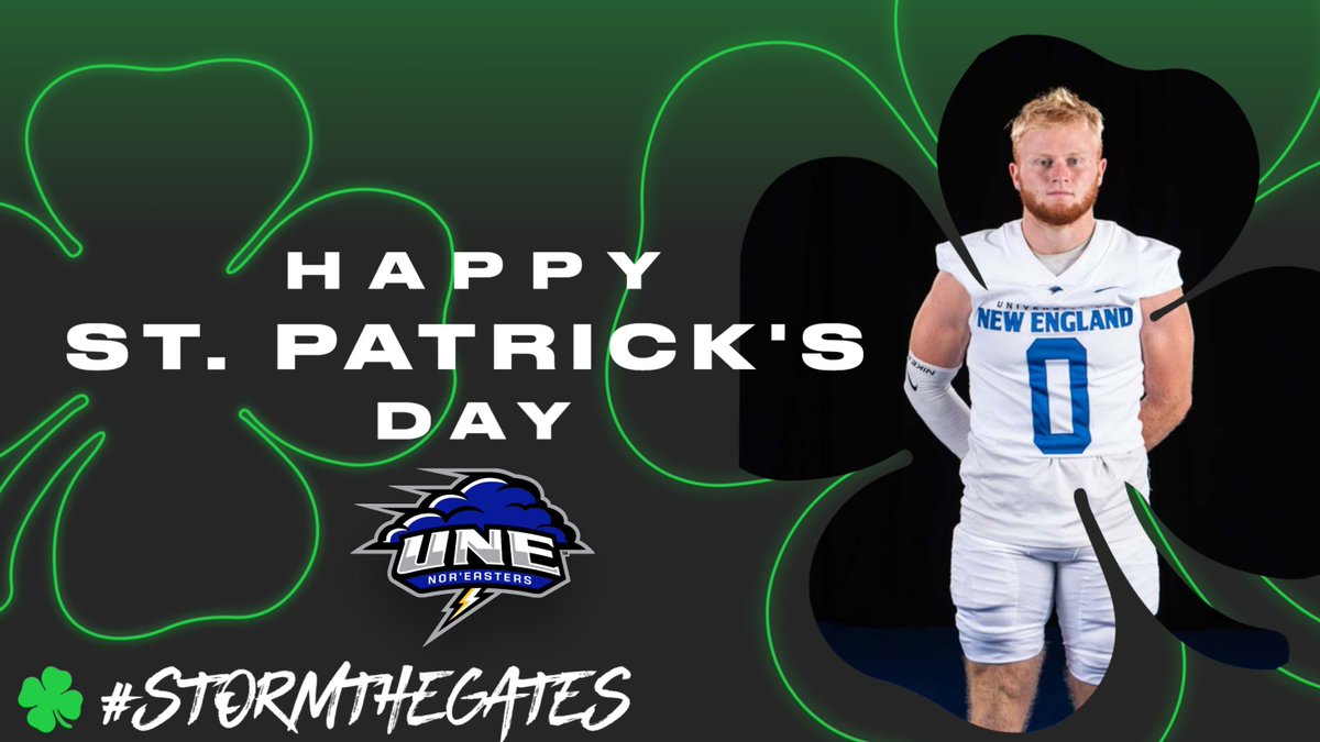 UNE Football wishes everyone a Happy St. Patrick's Day! May the luck of @LaPorteShane be with you all! #ErinGoBraugh 🌩️🏈 #STG