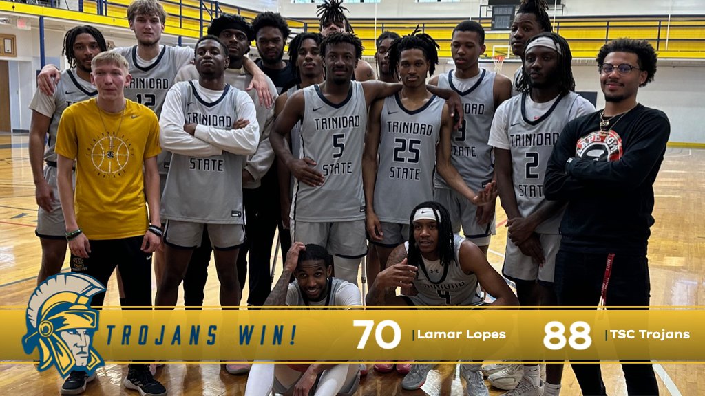 Men's basketball advances to the Elite-Eight in Scottsbluff, Nebraska next Thursday with an 88-70 win over Lamar. Kenyon Elliott led the Trojans with 22, Lateef Patrick had 17, Finn Lally finished with 11 and Devin Davenport also hit double-figures with 10. 
#TrojanProud <a href="/tscmbb/">Trinidad State Basketball</a>