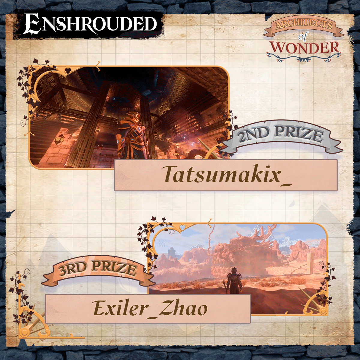 KeenGamesStudio's tweet photo. The winners of the #EnshroudedAoW contest have been announced! It was a grueling process trying to rank so many great builds, but eventually it was done, and when the smoke cleared, three builders stood at the top:
🥇KiritoSenseiAQW
🥈Tatsumakix_
🥉Exiler_Zhao

Congrats to all!! https://t.co/nBLlWuYWP4