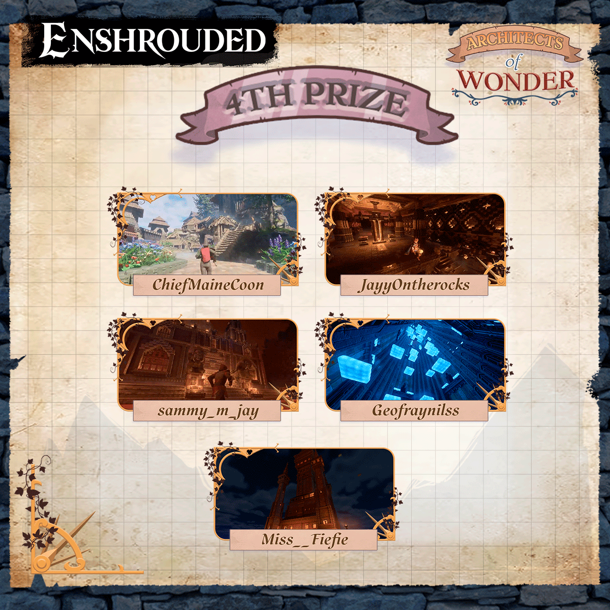 KeenGamesStudio's tweet photo. The winners of the #EnshroudedAoW contest have been announced! It was a grueling process trying to rank so many great builds, but eventually it was done, and when the smoke cleared, three builders stood at the top:
🥇KiritoSenseiAQW
🥈Tatsumakix_
🥉Exiler_Zhao

Congrats to all!! https://t.co/nBLlWuYWP4