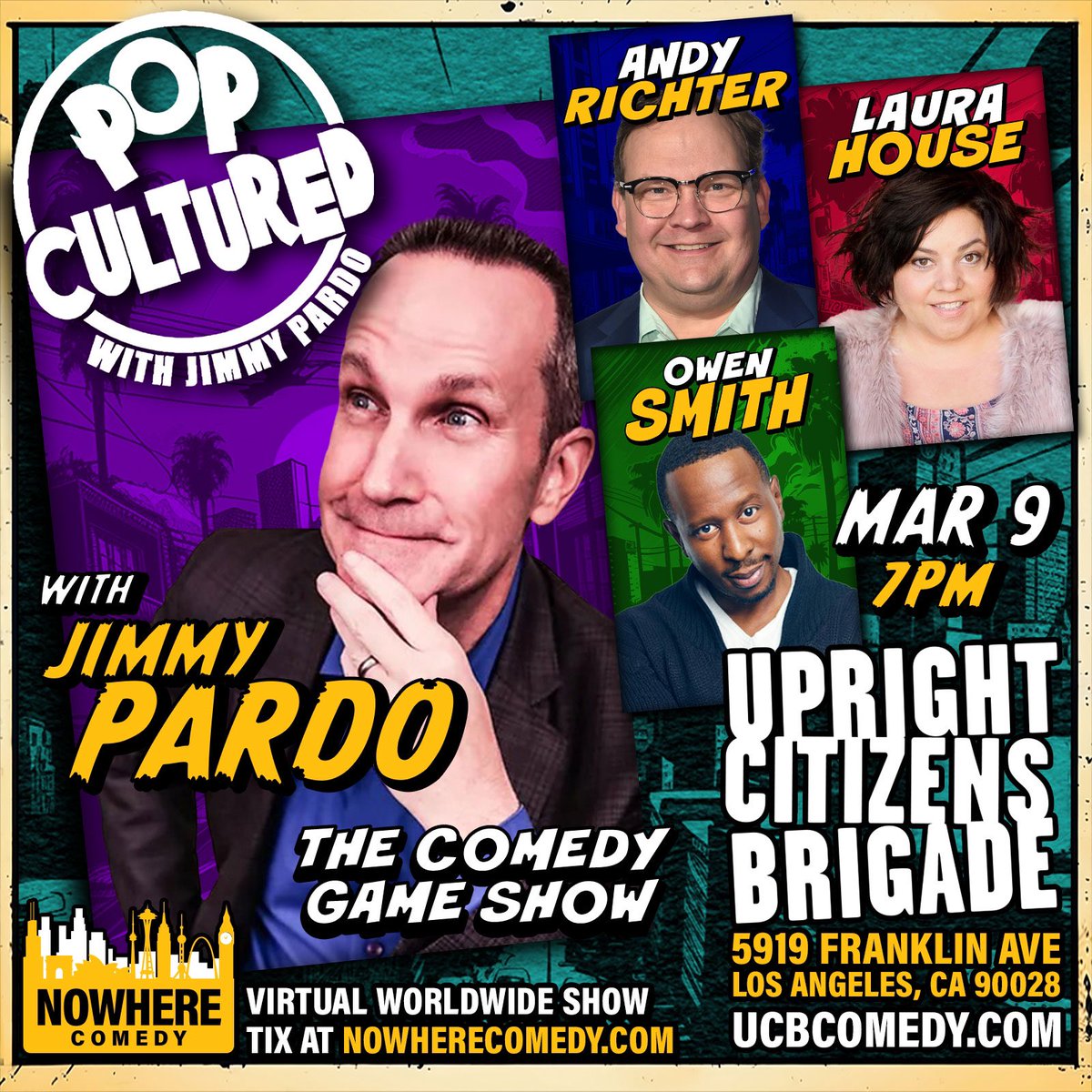 TONIGHT AT 7pm! Come see host @jimmypardo and a killer lineup of comedians @ucbtla! @AndyRichter @imlaurahouse @OwenSmith4Real and Mitch Silpa! In-person tix available at: ucbcomedy.com/show/pop-cultu…. Streaming tix avail @NowhereComedy!