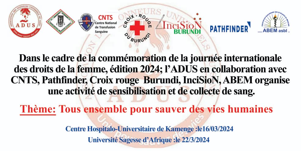 On the occasion of the commemoration of International Women's Rights Day, <a href="/InciSioNBurund1/">InciSioN Burundi</a> joins ADUS in an awareness-raising and blood collection activity under the theme "All together to save human lives".