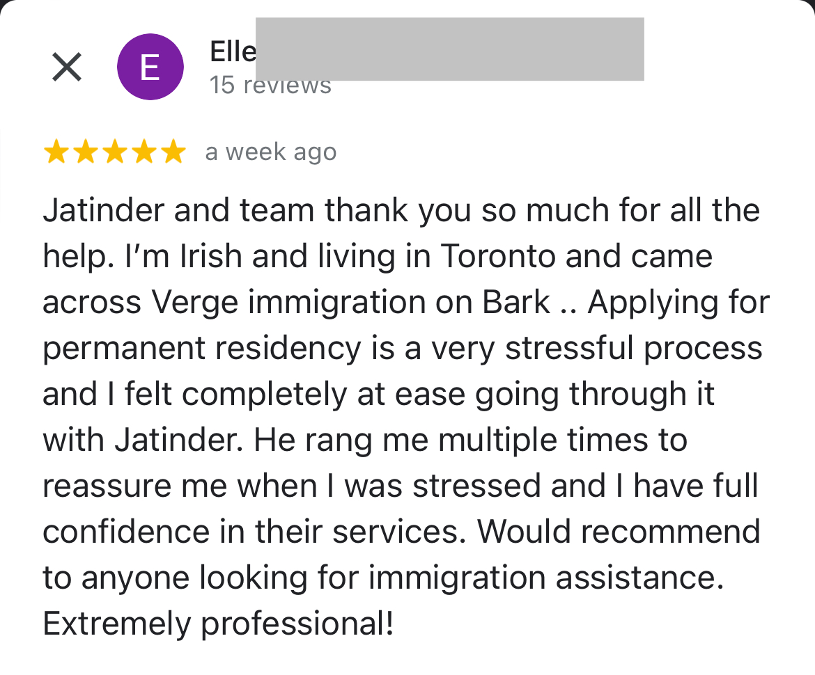Client review.

Spousal sponsorship, all work done remotely via email and without hassle. Made sure the client kept working in Canada while the application was being processed. 

#spousalsponsorship #permanentresidence #cdnimm #immigrationlaw