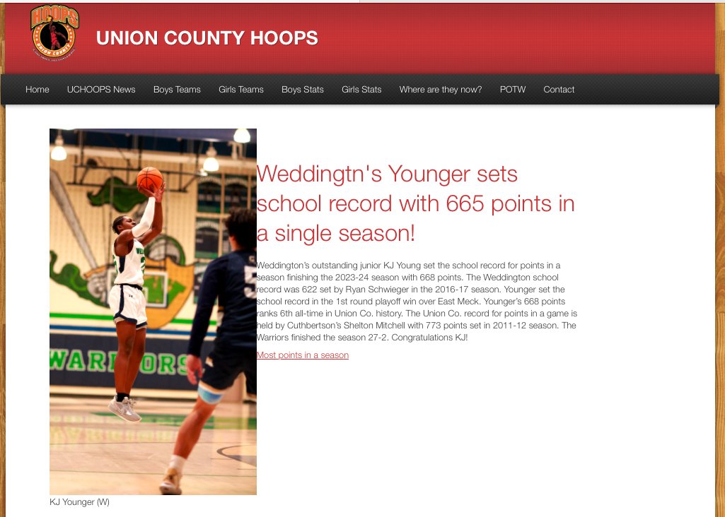 Union County Hoops, Football, Baseball & Softball (@uchoops) on Twitter photo Weddington's KJ Younger sets Weddington school record!
<a href="/WeddingtonHSNC/">Weddington High School</a>
<a href="/dubboysbball/">Weddington Warriors Boys Basketball</a> <a href="/mgelling4977/">Gary Ellington</a> <a href="/JeremyHFord/">Jeremy Ford</a> <a href="/spiderman_24_25/">K Younger</a> <a href="/Kj_younger23/">Kj_younger</a>
UnionCountyHoops.com Weddington's KJ Younger sets Weddington school record!
<a href="/WeddingtonHSNC/">Weddington High School</a>
<a href="/dubboysbball/">Weddington Warriors Boys Basketball</a> <a href="/mgelling4977/">Gary Ellington</a> <a href="/JeremyHFord/">Jeremy Ford</a> <a href="/spiderman_24_25/">K Younger</a> <a href="/Kj_younger23/">Kj_younger</a>
UnionCountyHoops.com