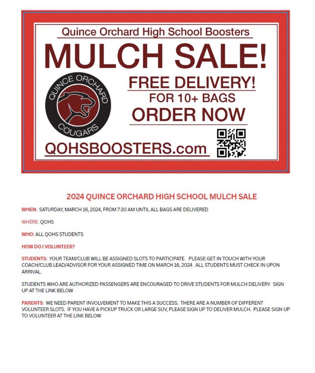Mulch sale orders due by March 12th!!