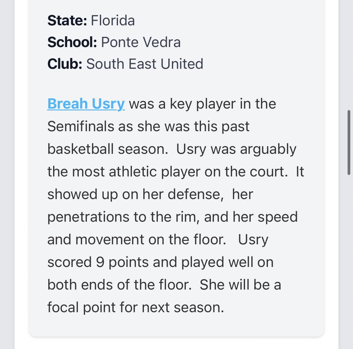 BreahUsry's tweet photo. Top Performers in the Ponte Vedra- Bloomingdale 6A Semifinals https://t.co/1ajnvPp2YY

Thank you @hunterkeithl for a great write up from the State Semifinals! @PGHFlorida @pvhsgirlsbball @CoachJessicaSG @InsiderExposure @InsiderExposure  @SEUnited_Elite https://t.co/FAPA9J70G7
