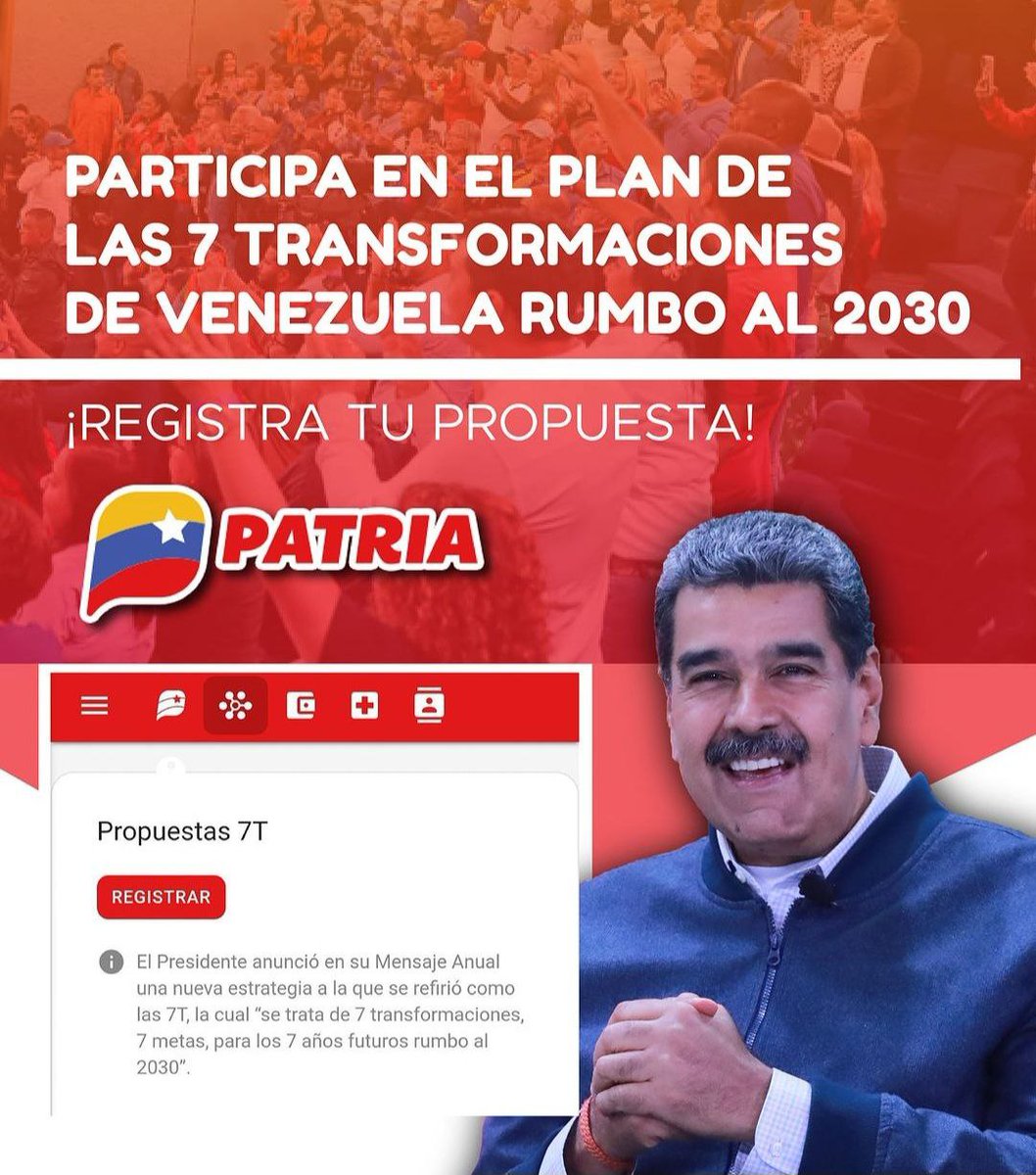 🚨 #ENTÉRATE: Participa en el Plan de las 7 transformaciones de Venezuela rumbo al 2030.

✅ Registra tu propuesta a través de la #PlataformaPatria 

<a href="/BonosSocial/">Bonos Protectores Social Al Pueblo</a>
#PatriaAmadaVenezuela