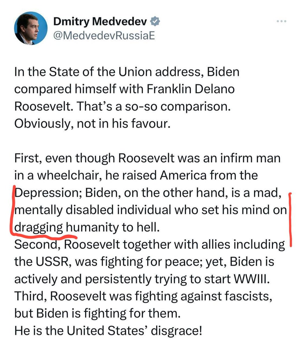 MEDVEDEV DISTRUGGE BIDEN

"Biden è un pazzo mentalmente disabile e determinato a portare all'inferno l'umanità"
FOTOGRAFIA INCONFUTABILE