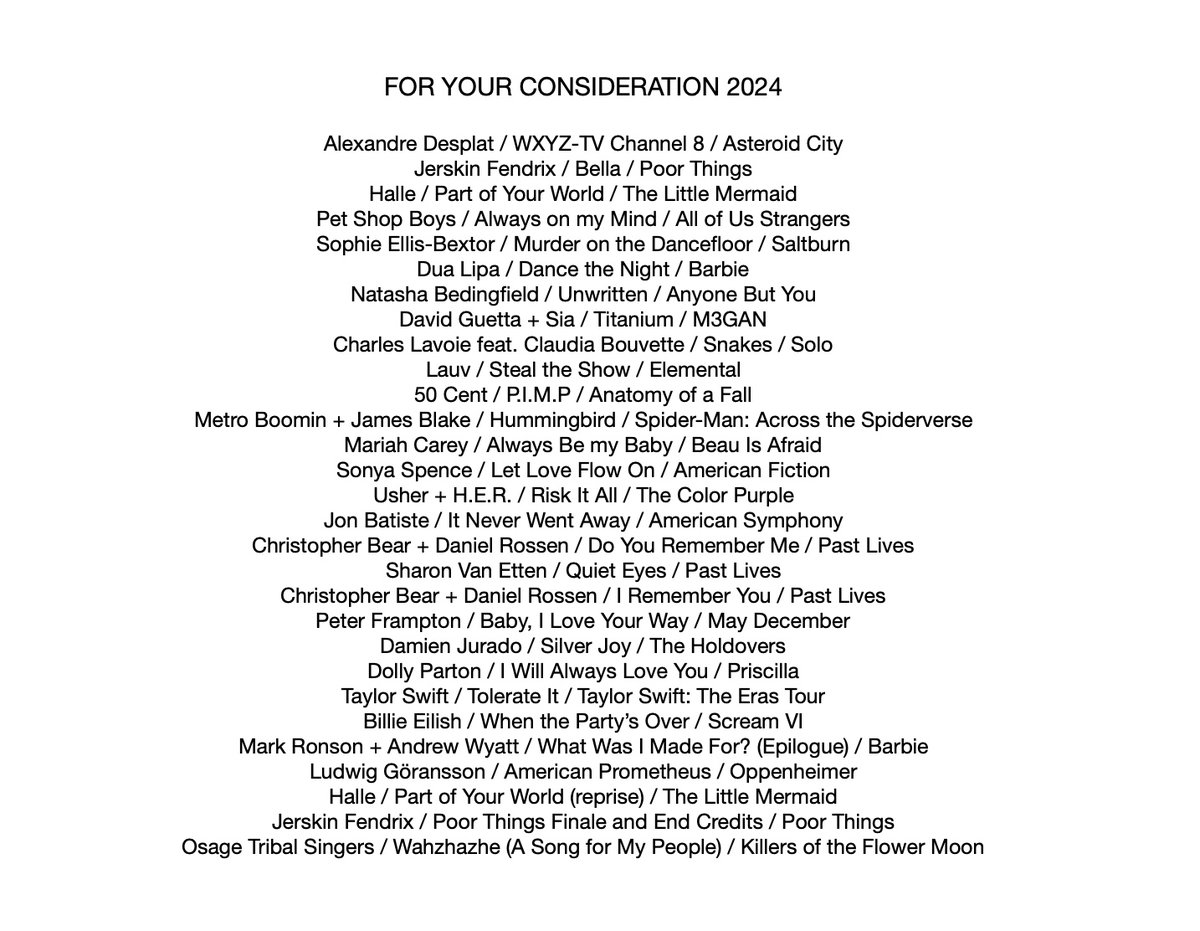 Happy #Oscars Weekend! 
Here is my annual #ForYourConsideration #mixtape 
Music from the movies of last year!
Enjoy! #Oscars2024 

#applemusic
music.apple.com/ca/playlist/fo…