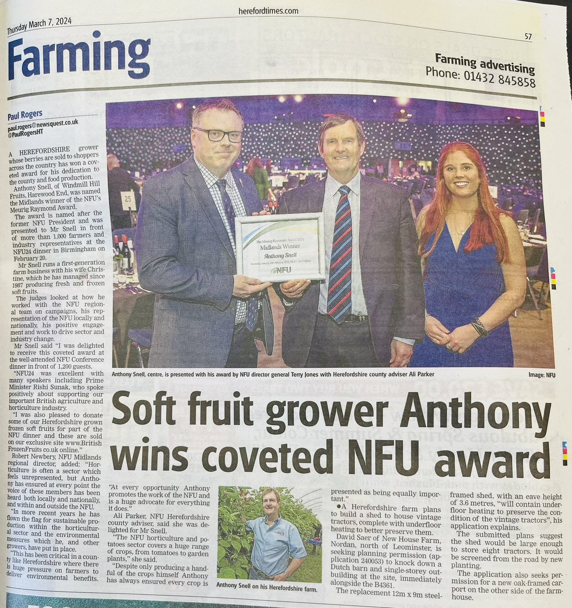 Thanks @herefordtimes for kindly putting this article about me in the #Farming section this week. Thanks @NFUtweets & @AliMHParker for selecting me for the #Midlands for the @meurigraym award!