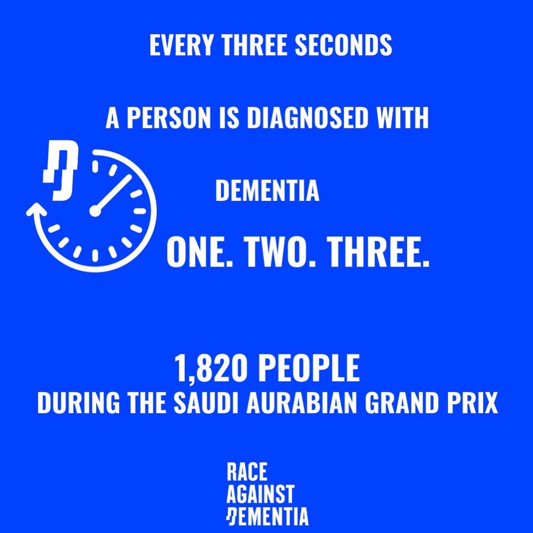 #saudiarabiangp Our chair of trustees, Mark Stewart has been encouraging drivers, fans and sponsors to join the race against dementia. Someone is diagnosed with dementia every three seconds. 1,820 people during today’s Grand Prix. We are determined to win this race - together.