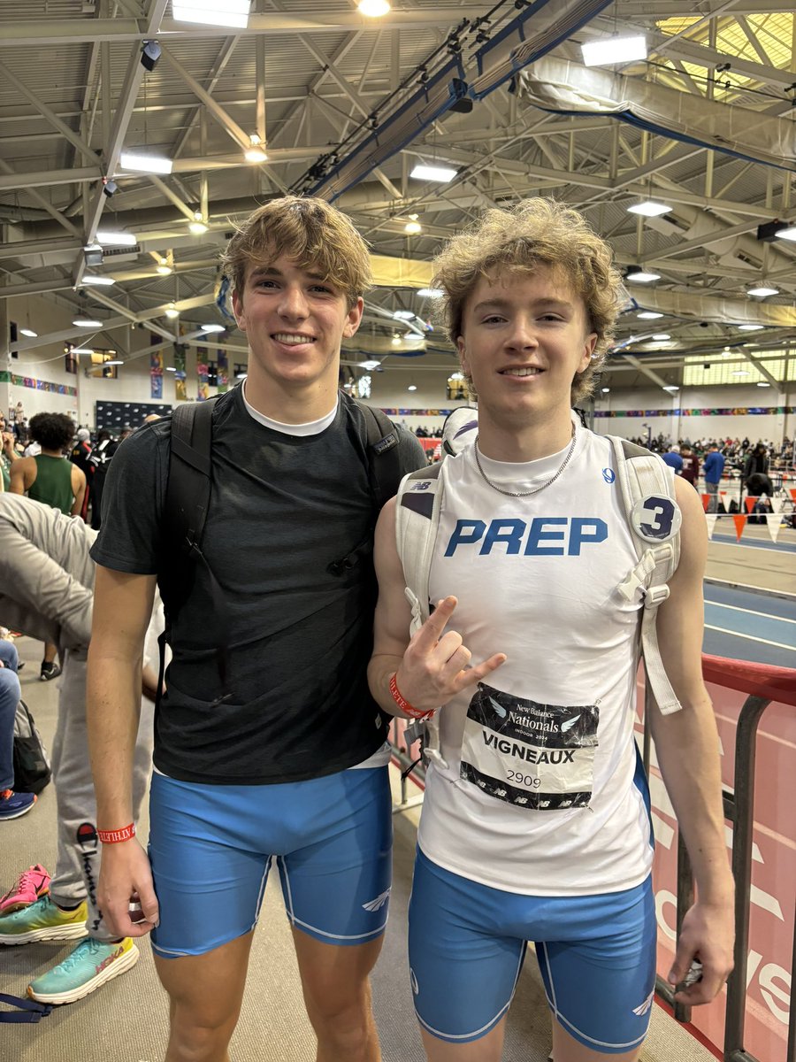 SJP_Track's tweet photo. Sr. Capt. Andrew Vigneaux and Jr. Lincoln Massaro after the 60HH this morning. Both will return tomorrow for the shuttle hurdles relay! https://t.co/1qeTEF27a4
