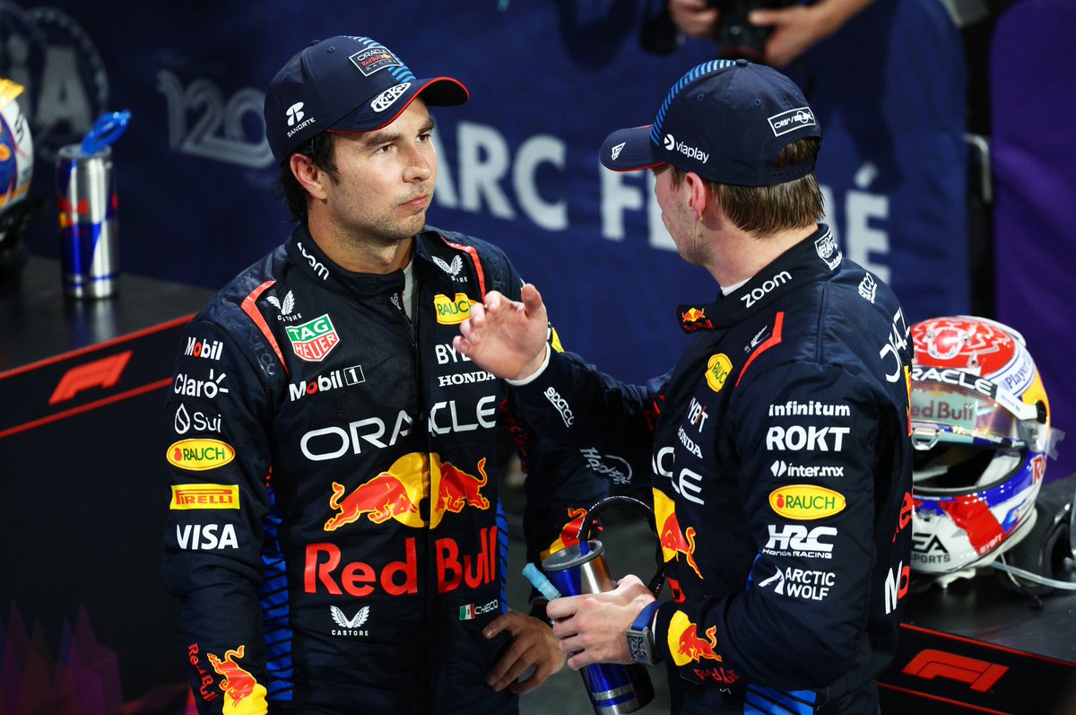 Racingnews2015's tweet photo. Race winner Max Verstappen of the Netherlands and Oracle Red Bull Racing and Second placed Sergio Perez of Mexico. #Maxplaining

#F1 #MaxVerstappen #SaudiArabianGP https://t.co/owhni7jx87