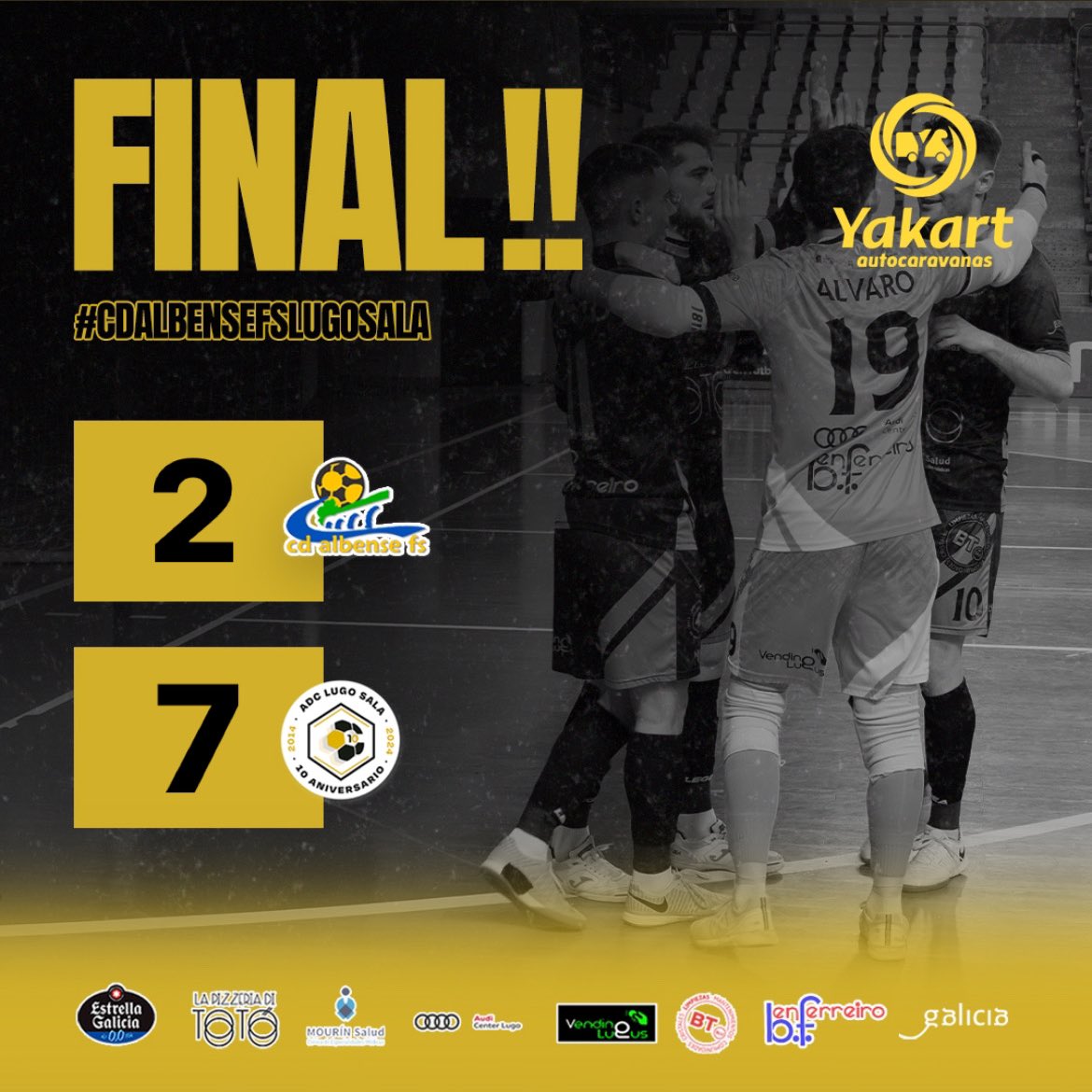 🏁 40' | 2-7 | ¡FINAAAAAL FINAAAAL FINAAAAL victoria aplastante de los de Guillermo Martínez! 

🥅 Marcaron Diego Núñez (2), Porto, Brunito, Antonio Diz y Alex Diz. 

¡VAMOS LUGO SALA SIIIII! 💛🖤

#LugoSalaNuncaSeRinde #10AñosdeLugoSala