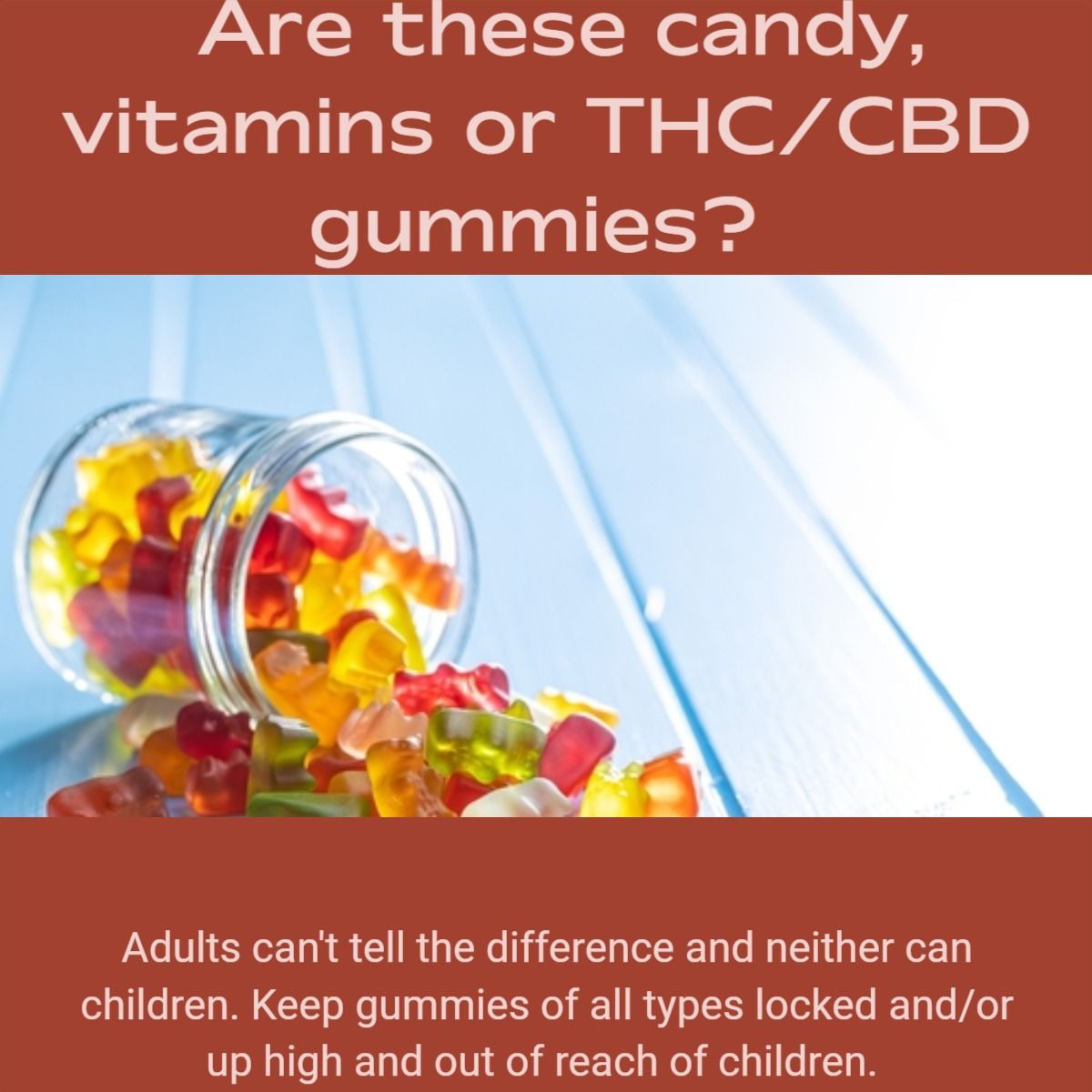 SO many things come in gummy form now. Young children can't read so they don't know the difference between candy, medicine, vitamins or THC/CBD gummies. Keep ALL gummies locked or up and out of reach and sight of children. #poisonprevention