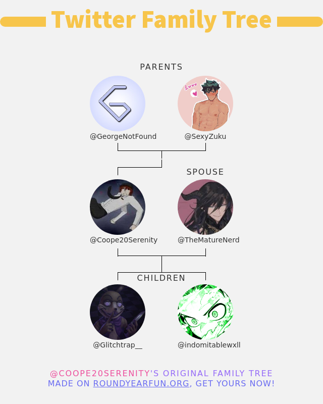 👨‍👩‍👧‍👦 My Twitter Family:
👫 Parents: <a href="/GeorgeNotFound/">George</a> <a href="/SexyZuku/">Izuku "Deku" Midoriya - DMs OPEN</a>
👰 Spouse: <a href="/TheMatureNerd/">Alpha Takeshi Targareyan,(Rut season Event)B-Day</a>
👶 Children: <a href="/Glitchtrap__/">𝐆𝐋𝐈𝐓𝐂𝐇𝐓𝐑𝐀𝐏</a> <a href="/indomitablewxll/">ᅠ ᅠᅠ ᅠᅠ ᅠ ᅠᅠ ᅠ ᅠᅠ ᅠᅠ 𝓔𝑴𝑬𝑹𝑨𝑳𝑫 𝓕𝑳𝑨𝑺𝑯</a>

➡️ funxgames.me/twitterfamily?…