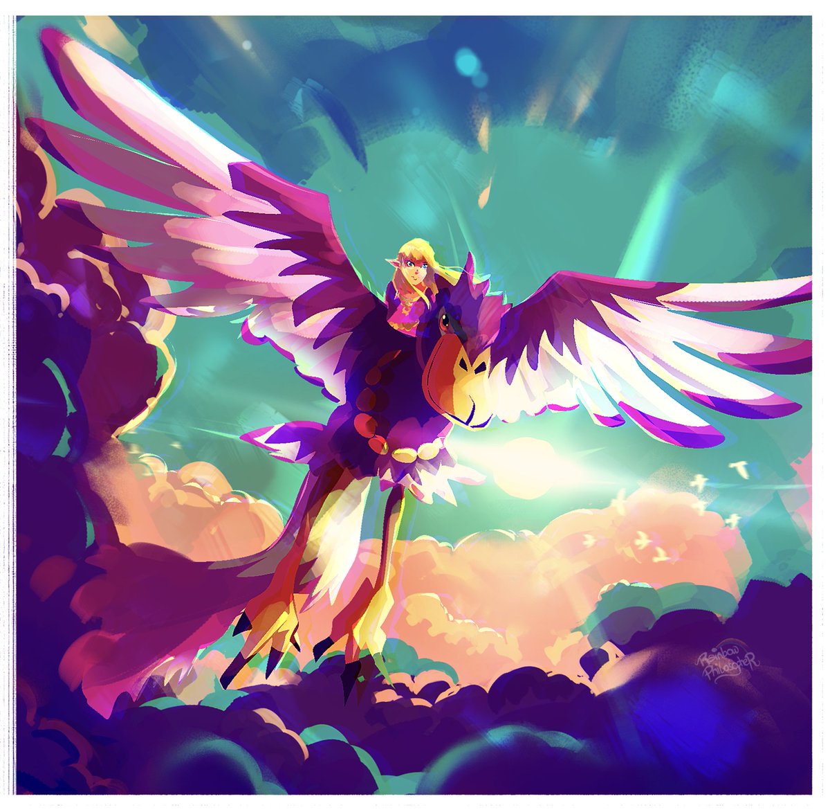Rainbowphiloso1's tweet photo. Flying Skyward
Painted in Photoshop.
Heavily inspired by the art of Toni Infante which Patreon I recently joined. Can highly recommend, Great art classes^^
#skyward #skyward sword #Zelda #skywardsword #loftwing #princesszelda #sunset #rainbow #fanart https://t.co/VW9JLRipEf