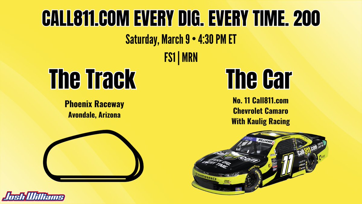 Bringing the Call811.com car to the Call811.com Every Dig. Every Time. 200 race! 🖤💛 📍 @phoenixraceway 🕟 4:30 p.m. ET 📺 @FS1 📻 @MRNRadio