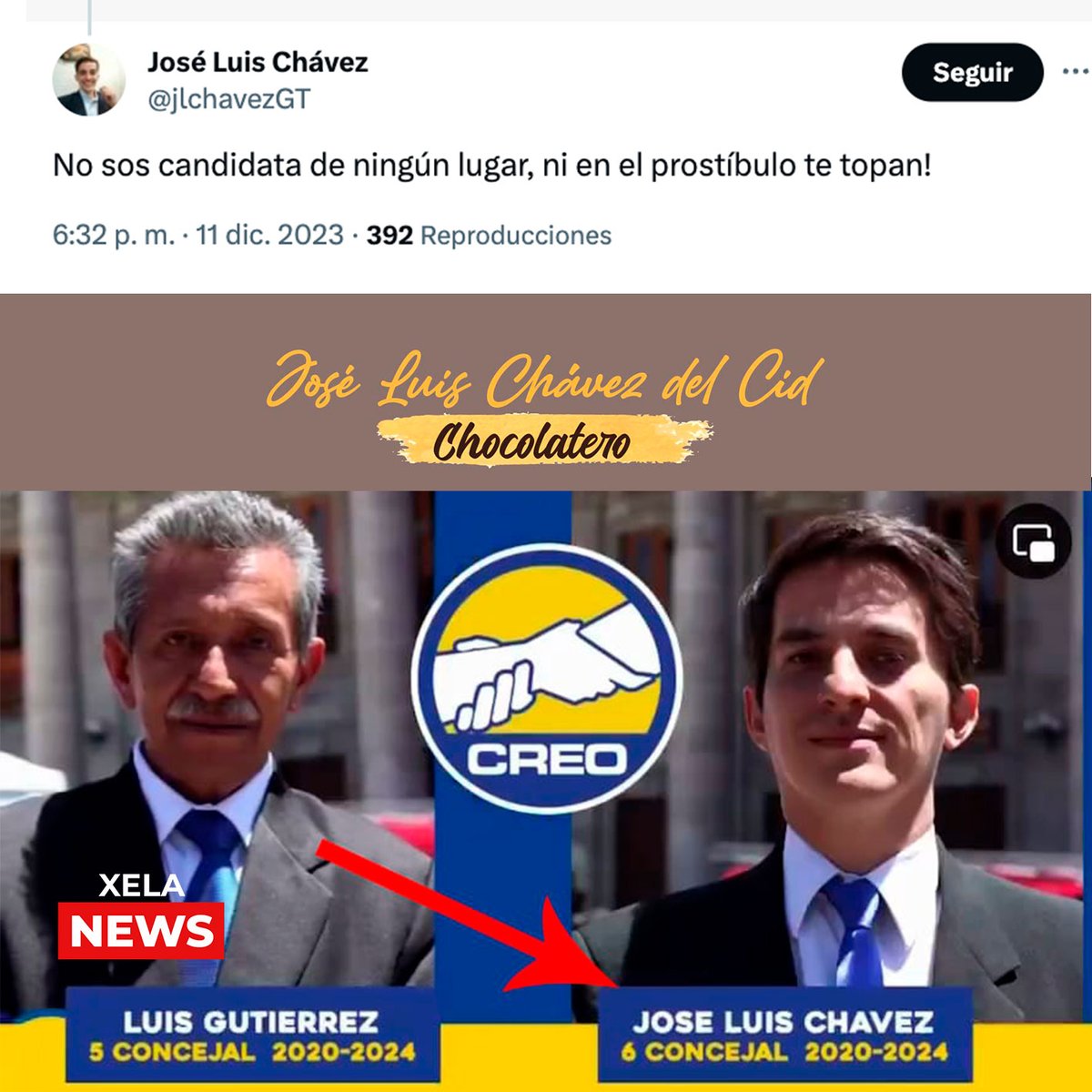XelaNewsGt's tweet photo. "No sos candidata de ningún lugar, ni en el #prostibulo de topan" -@jlchavezGT-
Este #netcentero de la "primavera democrática" es un político frustrado, que no ha ganado nada, en ninguna de las 2 ocasiones que ha participado para la muni de #Xela. 
#NoNosCallarán  
#XelaNews https://t.co/ovrriyRp8O