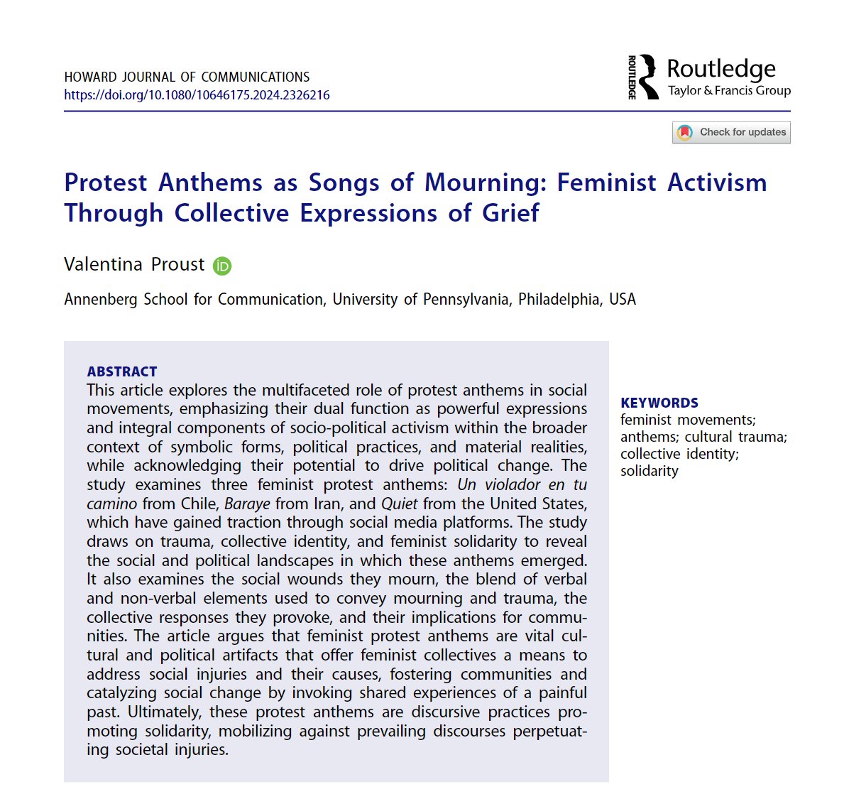 I'm thrilled to share that my paper 'Protest Anthems as Songs of Mourning: Feminist Activism Through Collective Expressions of Grief' -where I talk about public expressions of mourning & the affective power of music in protests- is out at @HowardJournal doi.org/10.1080/106461…