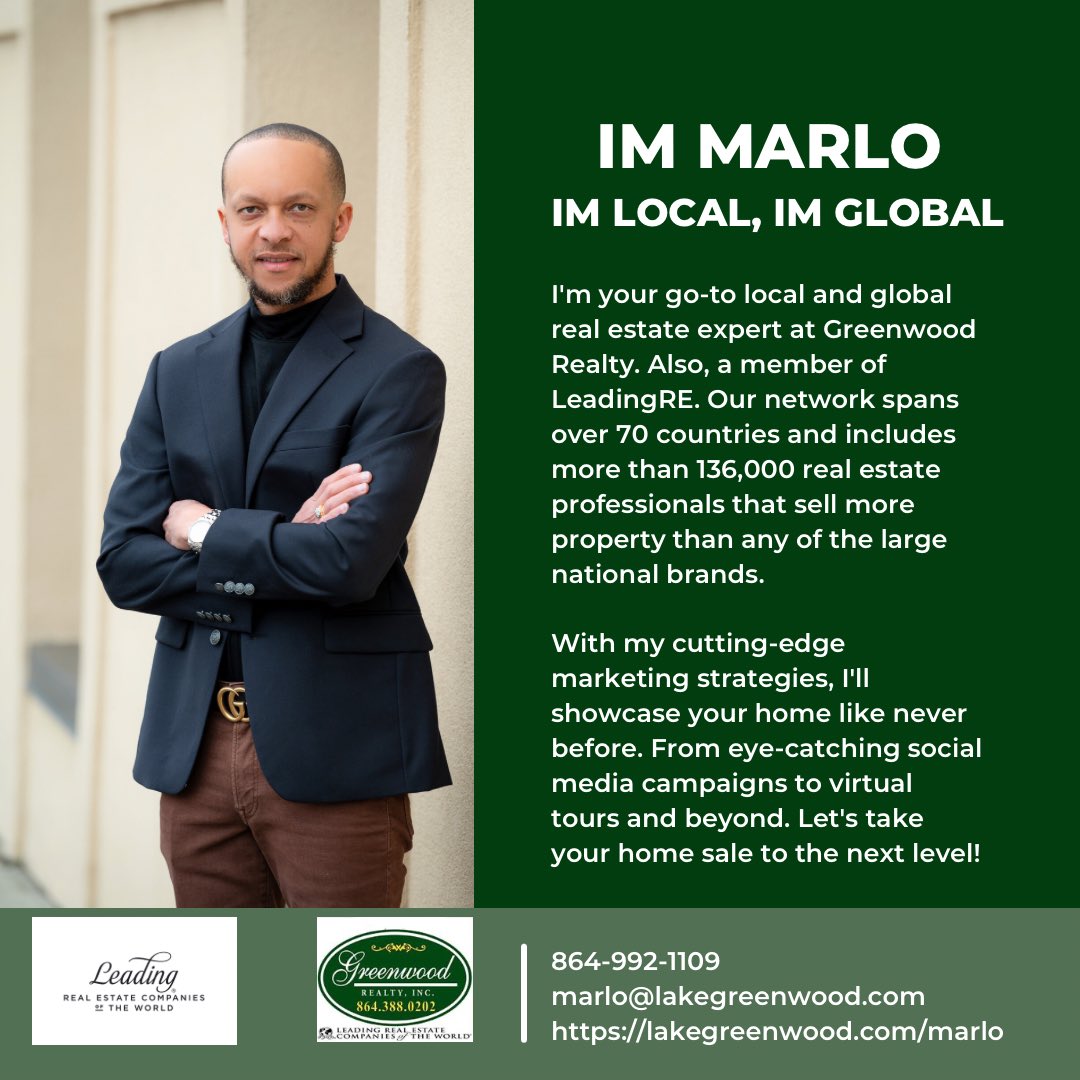 marlo29646's tweet photo. I'm your go-to local and global real estate expert at Greenwood Realty. Also, a member of LeadingRE. Our network spans over 70 countries and includes more than 136,000 real estate professionals that sell more property than any of the large national brands. #realtor #SouthCarolina https://t.co/zBN0ti5z7R